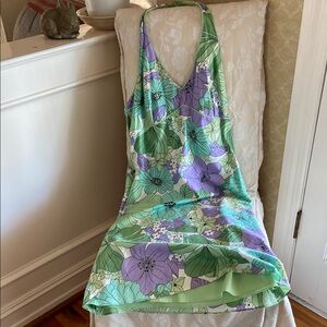 Vibrant Green and Purple Halter Dress